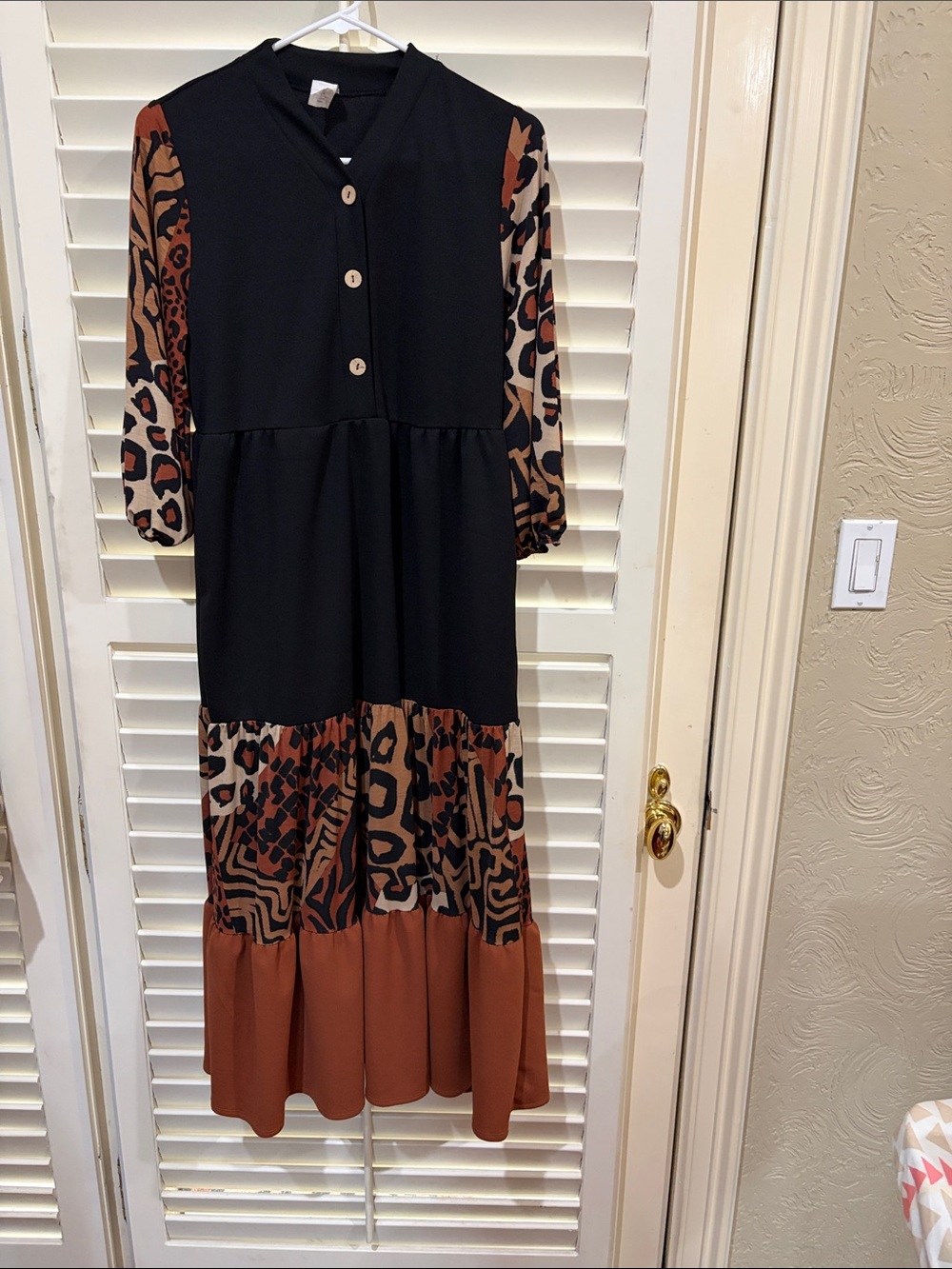 Black & Brown Tiered Maxi Dress with Animal Print. Size Small